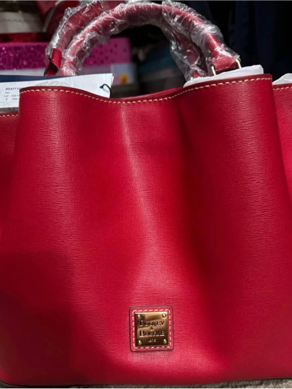 Dooney & Bourke Red Saffiano Leather Tote with Gold Plaque - Picture 5 of 5